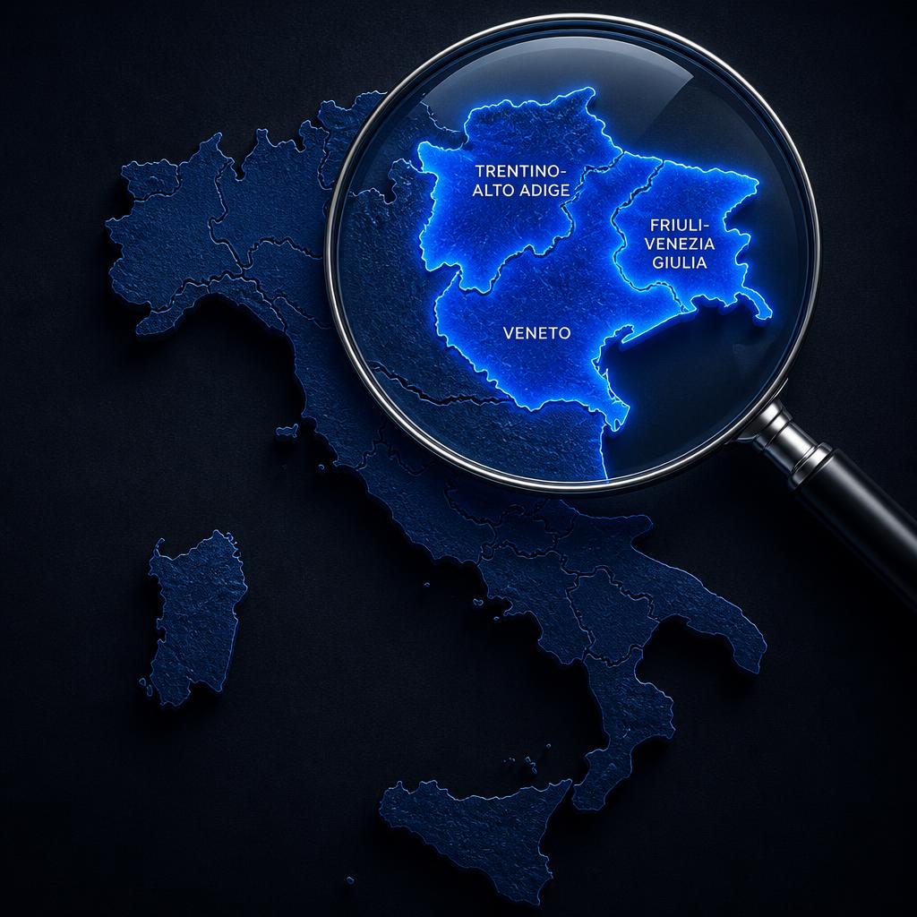 Cartina d'Italia con il Triveneto evidenziato sotto una lente d'ingrandimento